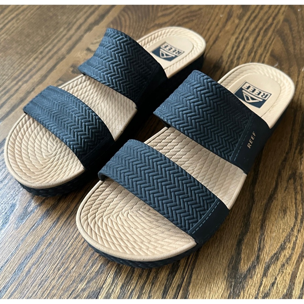 Reef Water Vista Sandals Black Tan Dual Strap Platform Slides Womens 10